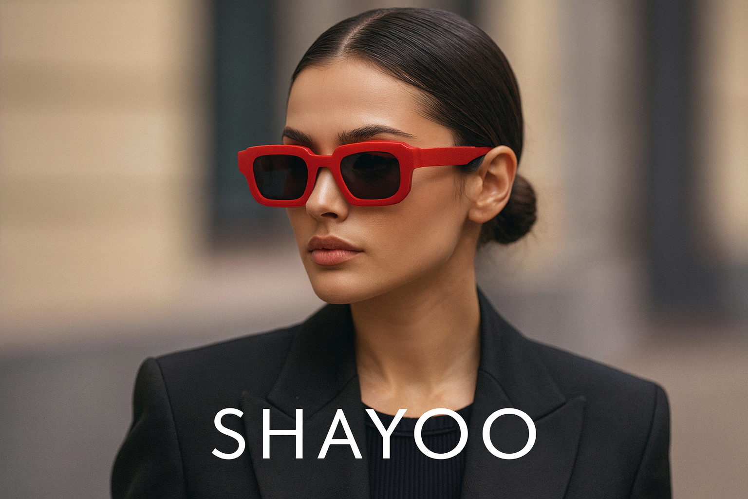 Femme portant lunettes rouges