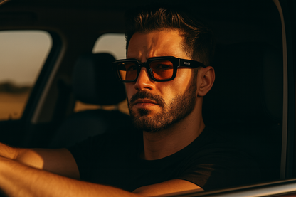 Homme en conduite avec lunettes orange