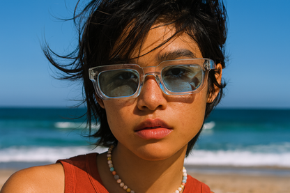 Personne portant lunettes bleu clair